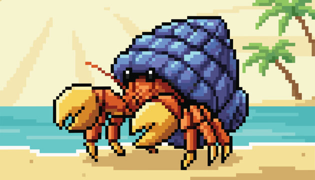 A pixel art illustration of a cute hermit crab with a blue crystal shell on a tropical beach with palm trees.