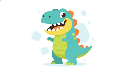 Obraz premium Cute blue and green cartoon dinosaur smiling widely with sharp teeth and orange spines on its back.