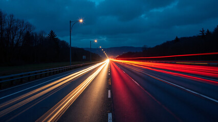 Obraz premium Modern highway with vibrant traffic lights illuminating the road at night under dark sky