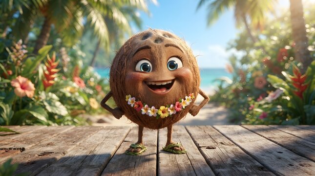 A cheerful, anthropomorphic coconut character with big blue eyes and a floral lei stands on a wooden boardwalk at a sunny, tropical beach paradise setting.