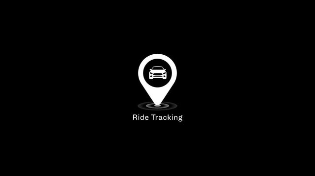 Ride tracking app interface animation with car location pin on black background, navigation