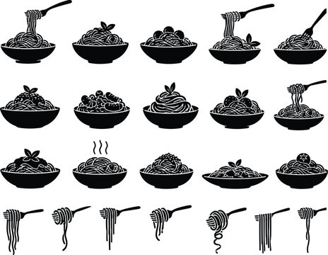 Black Silhouette Spaghetti Pasta Bowl Icon Set with Noodle and Fork Symbols