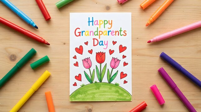 A handmade greeting card for Grandparents Day featuring vibrant colorful lettering and hand-drawn tulip illustrations surrounded by scattered felt-tip markers on a light wooden background surface.