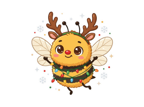 Cute christmas bee character dressed as a reindeer with reindeer