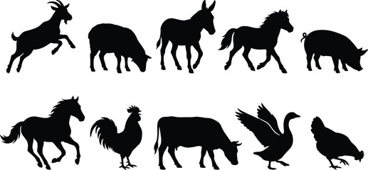 Fototapeta premium Farm Animal Silhouette Vector Set for Agricultural, Educational, and Graphic Design Projects — Black Outline Illustrations of Domestic Livestock and Poultry