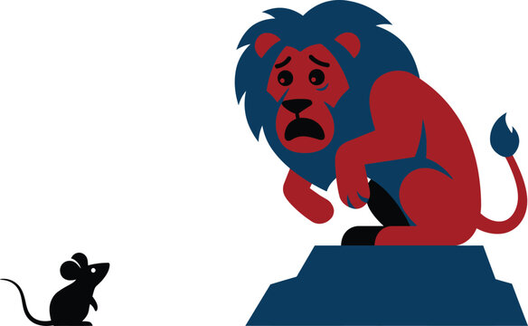 Illustration of a scared lion crouching on a pedestal fearing a small mouse