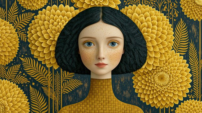 A vibrant, stylized folk art portrait of a woman with long dark hair, surrounded by intricate floral patterns and organic shapes in a flat design style.