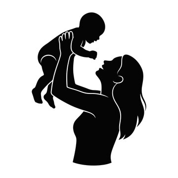 Vector illustration silhouette of a mother lifting her baby up in the air with joy, motherhood and family love concept