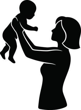 Vector illustration silhouette of a mother lifting her baby up in the air with joy, motherhood and family love concept