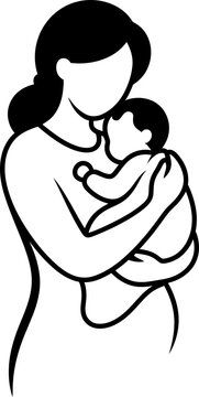 Vector line art illustration silhouette of a mother holding her newborn baby in her arms, motherhood and tender care concept