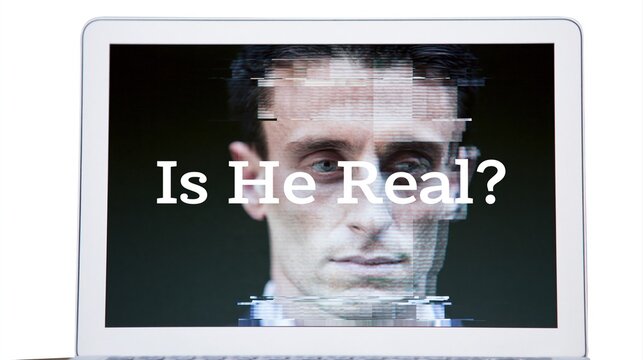 Digital glitch effect on man face asking identity verification question on computer display
