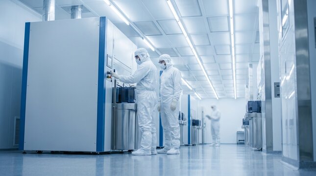 Protected team works on a domestic chip production floor