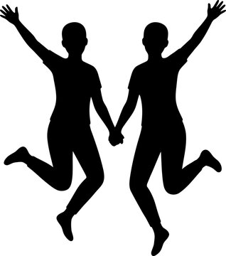 Vector illustration silhouette of two friends holding hands while jumping for joy, isolated on white background