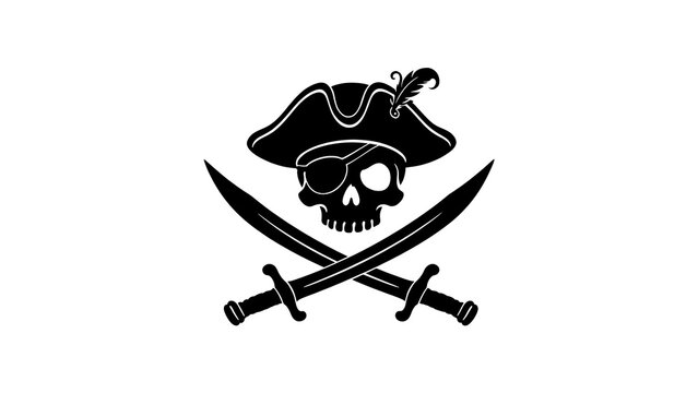 A classic black silhouette of a pirate skull, wearing a hat and blindfold, resting above two crossed swords, conveys themes of maritime adventure, danger, and piracy.