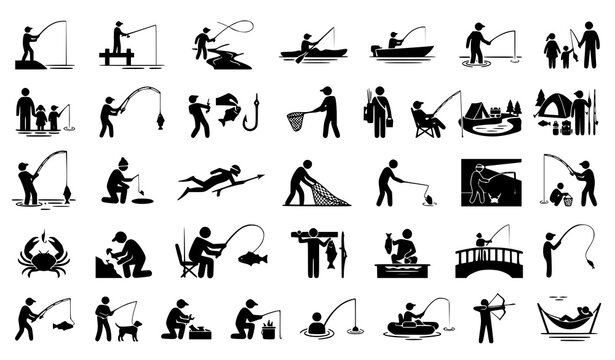 Fishing Angler Silhouette Vector Set with Shore Boat Dock Fly Fishing and Outdoor Recreation Poses
