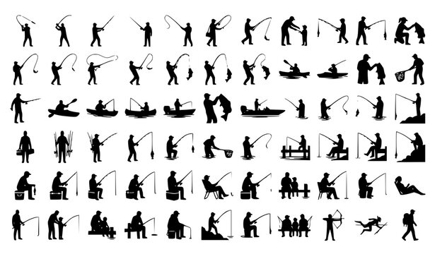 Fishing Activity Silhouette Collection with Anglers Boat Shore Dock and Fly Fishing Vector Set