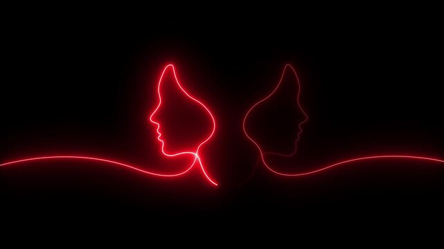 glowing neon Continuous line of two human profiles faces in opposite directions icon isolated motion graphic of human face, human connection, dialogue, conversation, thinking, mind..
