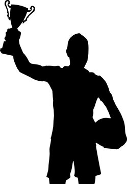 Vector illustration silhouette of a male soccer player holding a trophy cup and a football, champion celebration concept