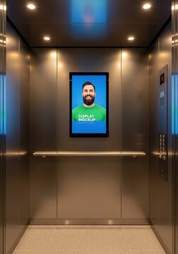 Modern Elevator Interior with Vertical Digital Signage Screen Mockup for Advertising and Information Display