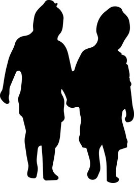 Vector illustration silhouette of two young children holding hands while walking, friendship and childhood concept