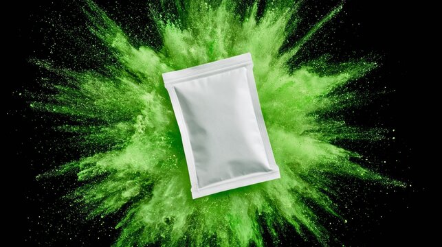 White pre-workout sachet at the center of a powder explosion against black. Concept of pre-workout product mockup.
