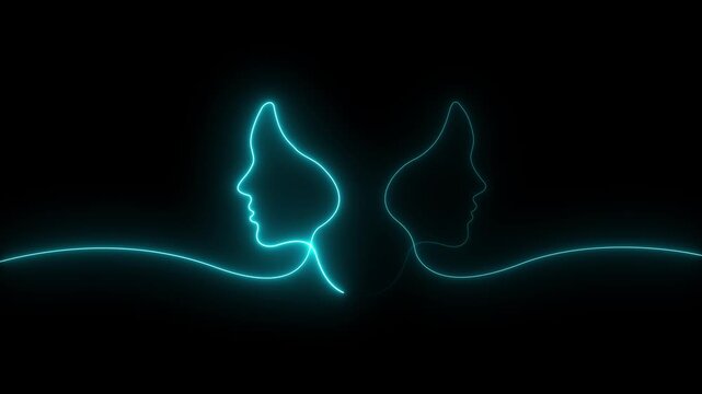 glowing neon Continuous line of two human profiles faces in opposite directions icon isolated motion graphic of human face, human connection, dialogue, conversation, thinking, mind..