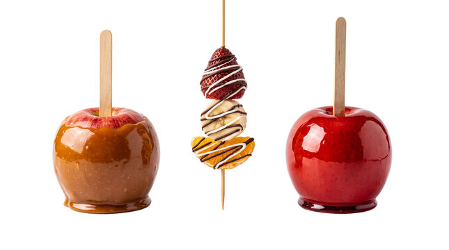 Delicious caramel and red candy apples with chocolate fruit skewer isolated on transparent background