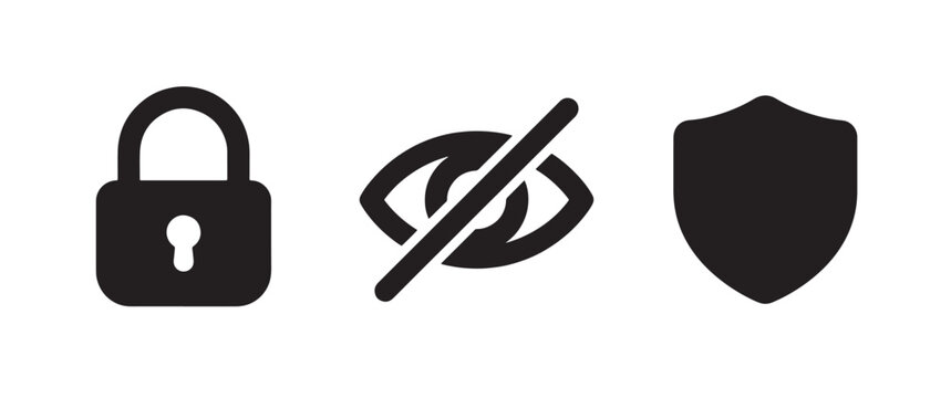 A set of three black featuring a closed padlock, an eye with a diagonal strike through it, and a simple shield shape on a white background