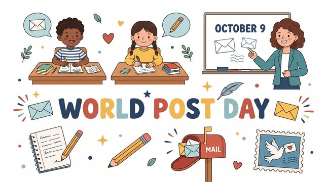 Children celebrating world post day with teacher