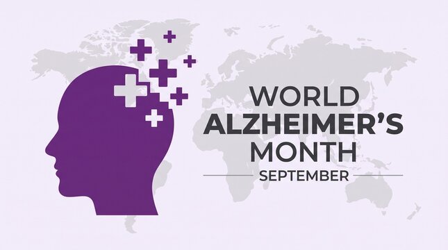 World alzheimer's month purple head silhouette with plus signs