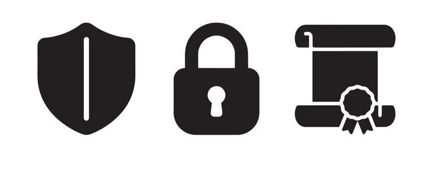 A set of three black featuring a shield, a closed padlock, and a certificate scroll with a seal on a white background