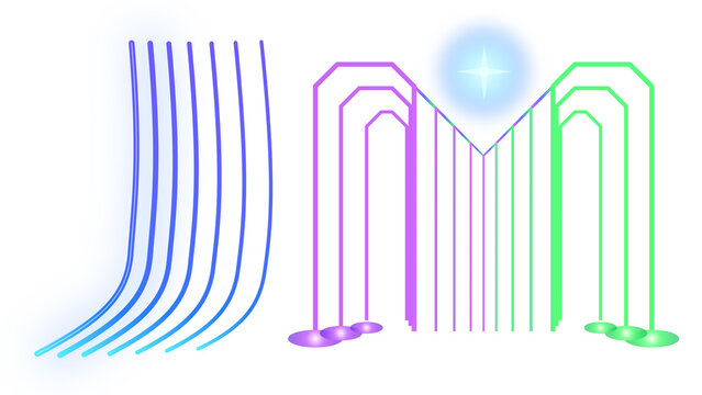 Abstract JM logo design with glowing neon lines on white background and subtle lens flare