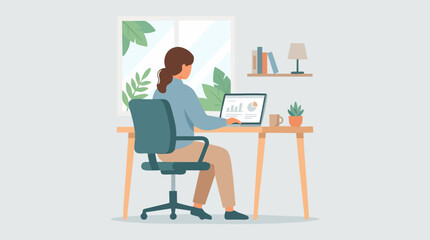 Fototapeta premium Woman working on laptop, analyzing data in a modern home office