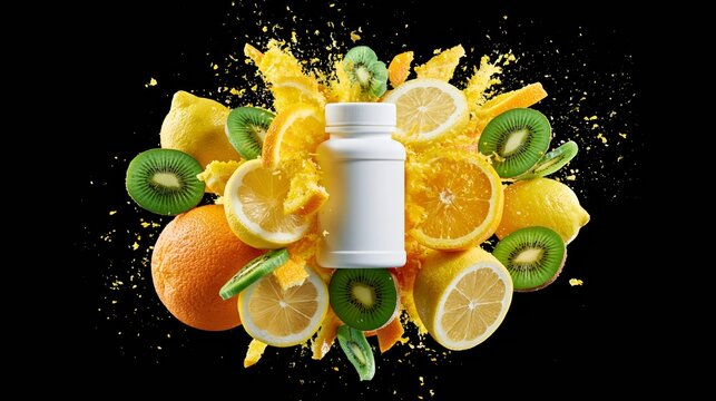 White supplement bottle at the center of an exploding burst of fruit. Concept of vitamin supplement product mockup.