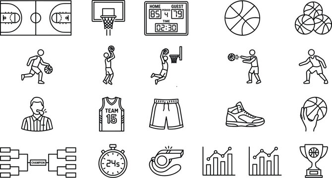 Basketball Sport Line Icon Set Featuring Players Dribbling Shooting Dunking Referee Scoreboard Tournament Bracket Jersey Sneaker Hoop and Championship Trophy Vector Designs