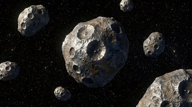 A detailed 3d render of an asteroid belt showing multiple craters and rocky surfaces floating in the vastness of deep dark outer space with stars