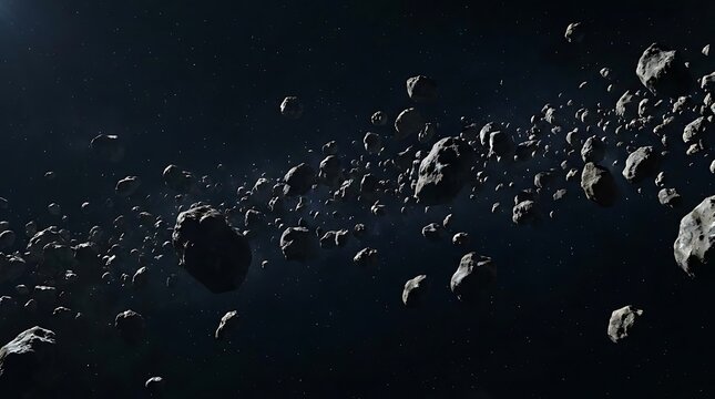 A vast view of an asteroid belt floating through dark deep space with numerous rocky celestial bodies and meteorites drifting in a distant cosmic galaxy