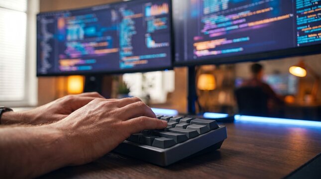 Software developer hands are resting on a mechanical keyboard while typing complex lines of source code on multiple high resolution computer monitors inside a cozy dim office workspace late at night.