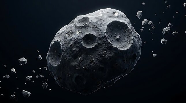 A detailed 3d render of an astroid belt floating in deep space featuring a large cratered rock surrounded by smaller fragments against a dark background