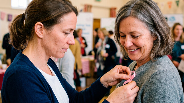 Woman attaches pink ribbon to another woman's sweater supporting breast cancer awareness