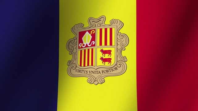 Andorra Flag Waving: The national flag of Andorra, featuring bold vertical stripes of blue, yellow, and red, proudly displays the coat of arms in its center, as it unfurls in a gentle breeze.