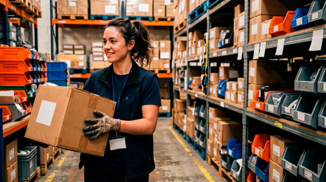 Warehouse worker carrying a package among shelves of boxes and bins