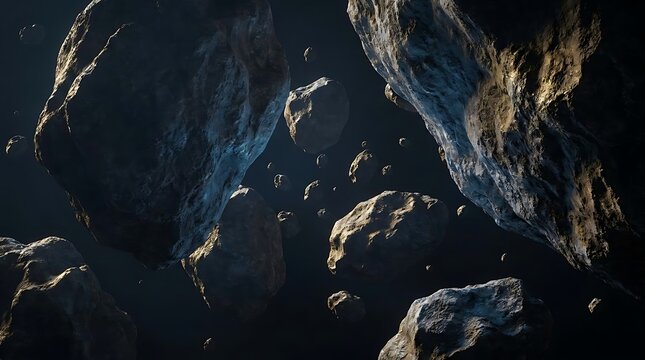 A view of the astroid belt showing multiple large rocky boulders and space debris floating in the dark vacuum of deep space in this computer generated image.