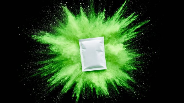 White pre-workout sachet at the center of a powder explosion against black. Concept of pre-workout product mockup.