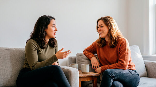 Two women friends talking and laughing on a sofa at home