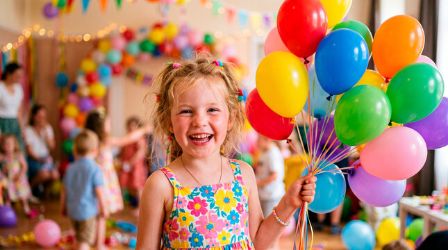 Joyful young girl holding a bunch of colorful balloons at a party