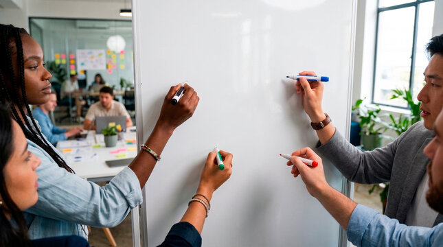 Diverse team about to write ideas on a whiteboard in a modern office.