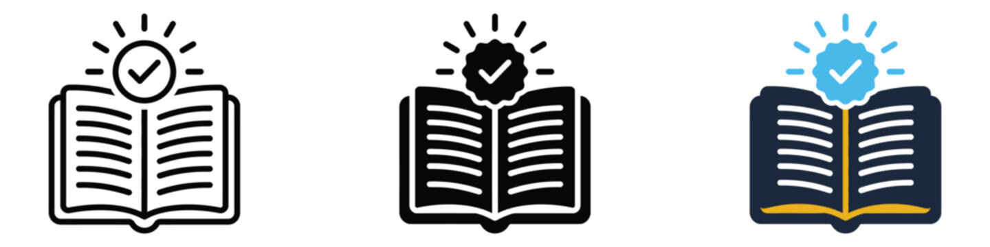 Open book icon set with checkmark badge and rays for approved knowledge, study, and learning editable