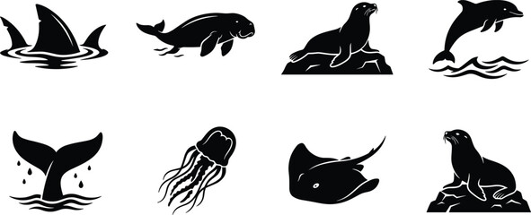 Marine animal black silhouette vector icon set featuring dolphin seal whale tail shark fin and jellyfish © Sohel