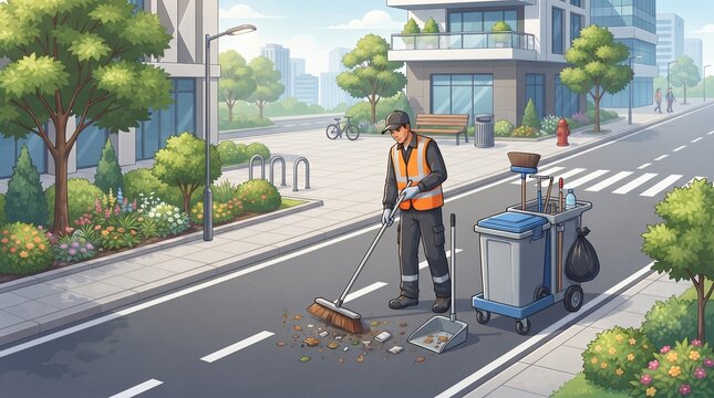Urban street cleaner in orange safety vest sweeping debris on a sunny city avenue.